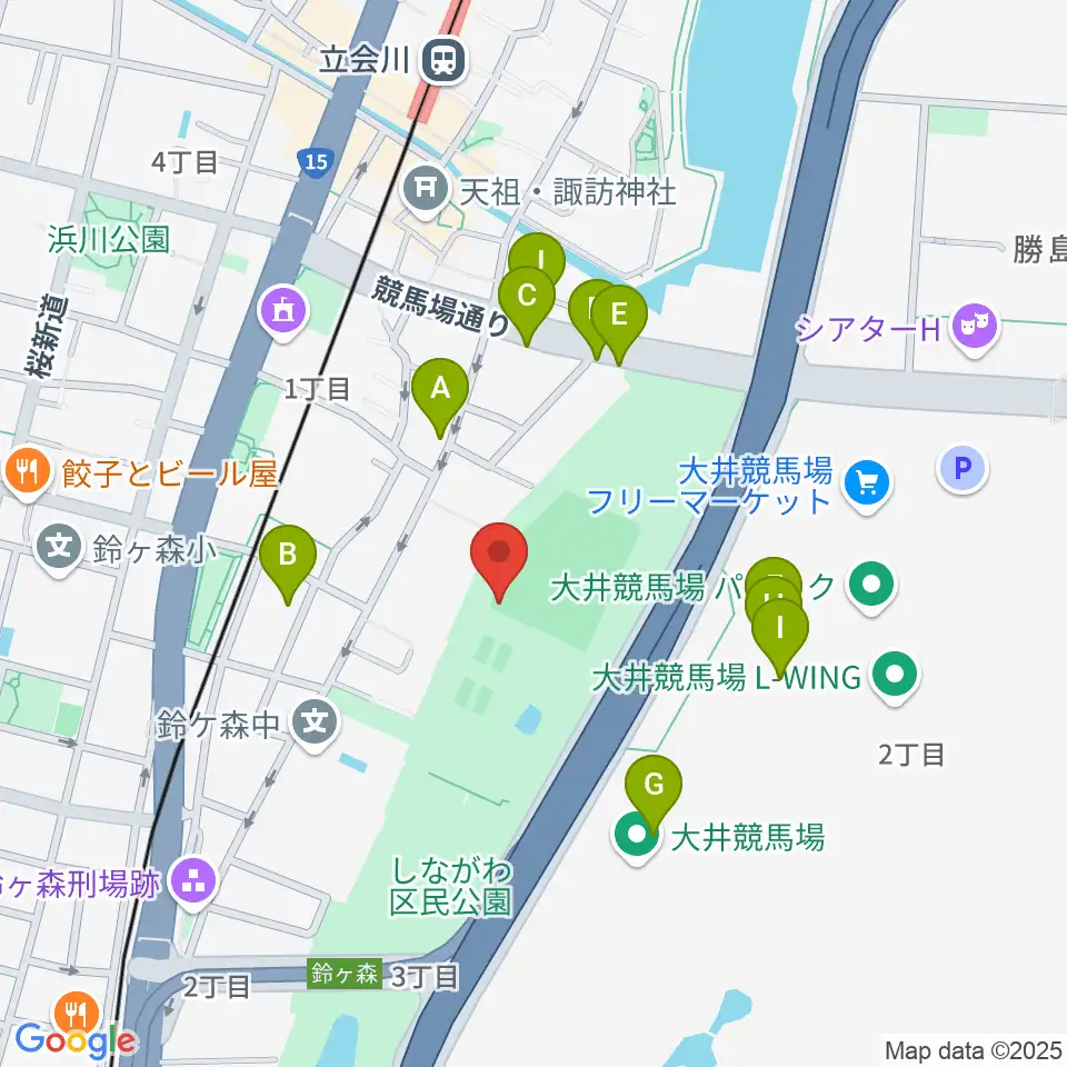 しながわ区民公園野球場周辺のファミレス・ファーストフード一覧地図