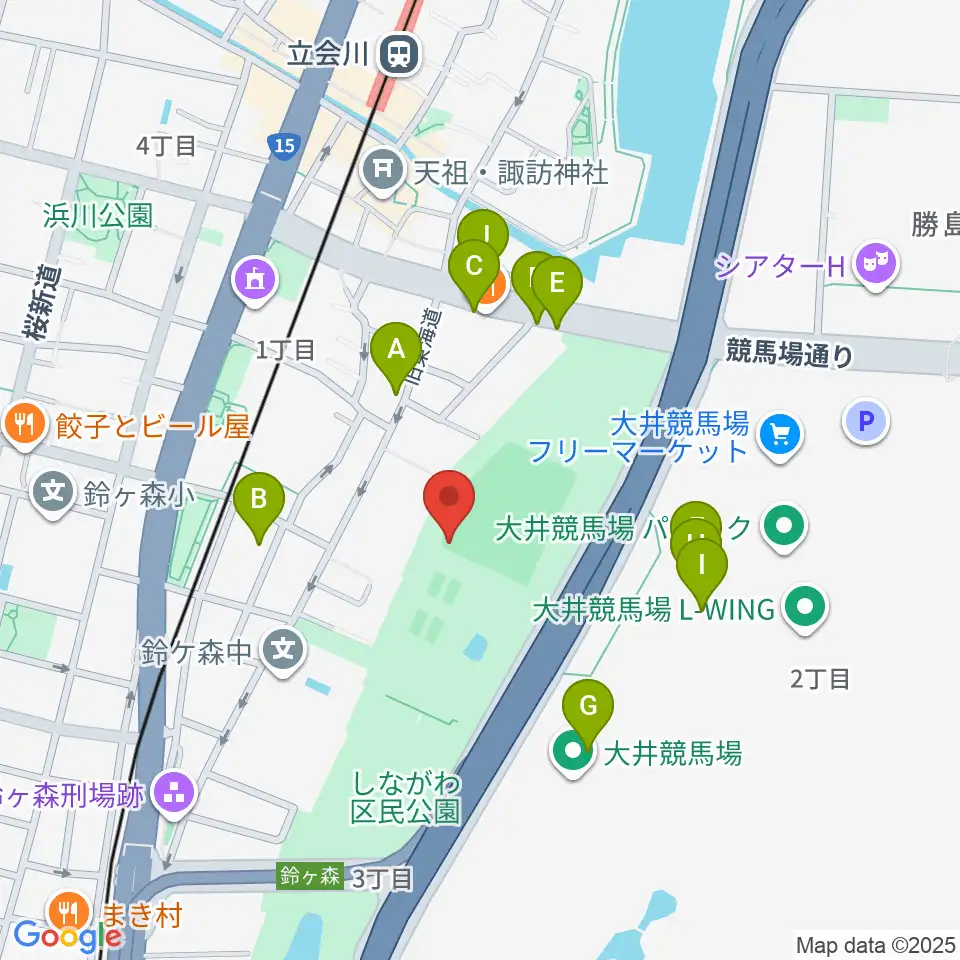 しながわ区民公園野球場周辺のファミレス・ファーストフード一覧地図