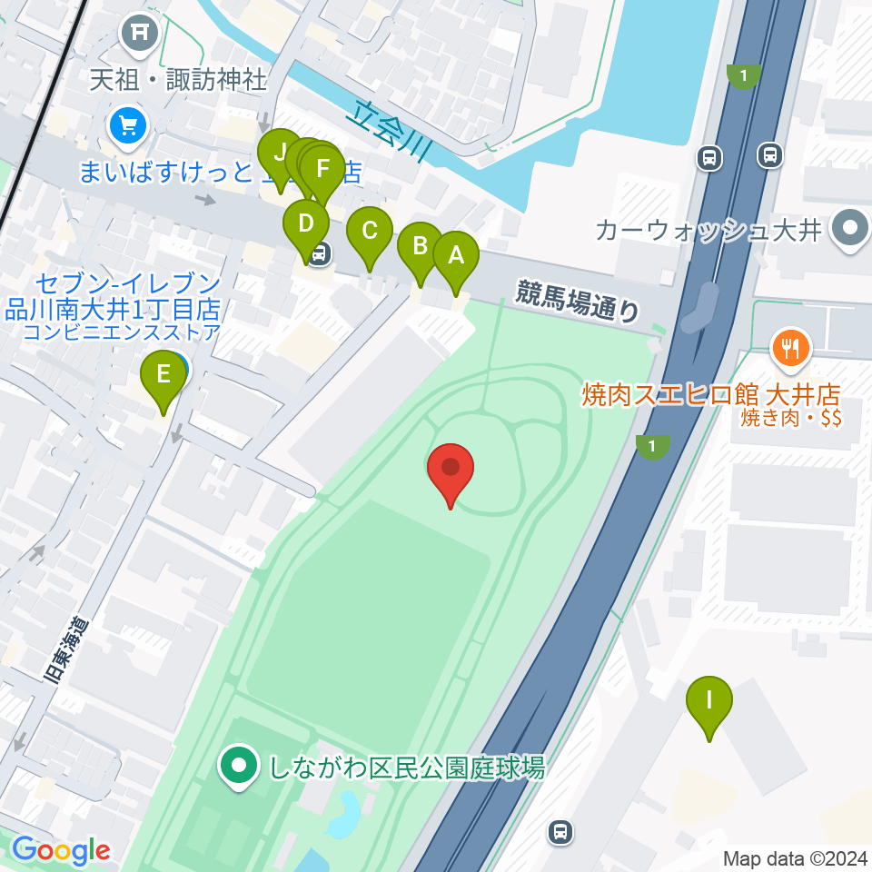 しながわ区民公園こどもサッカー場周辺のファミレス・ファーストフード一覧地図