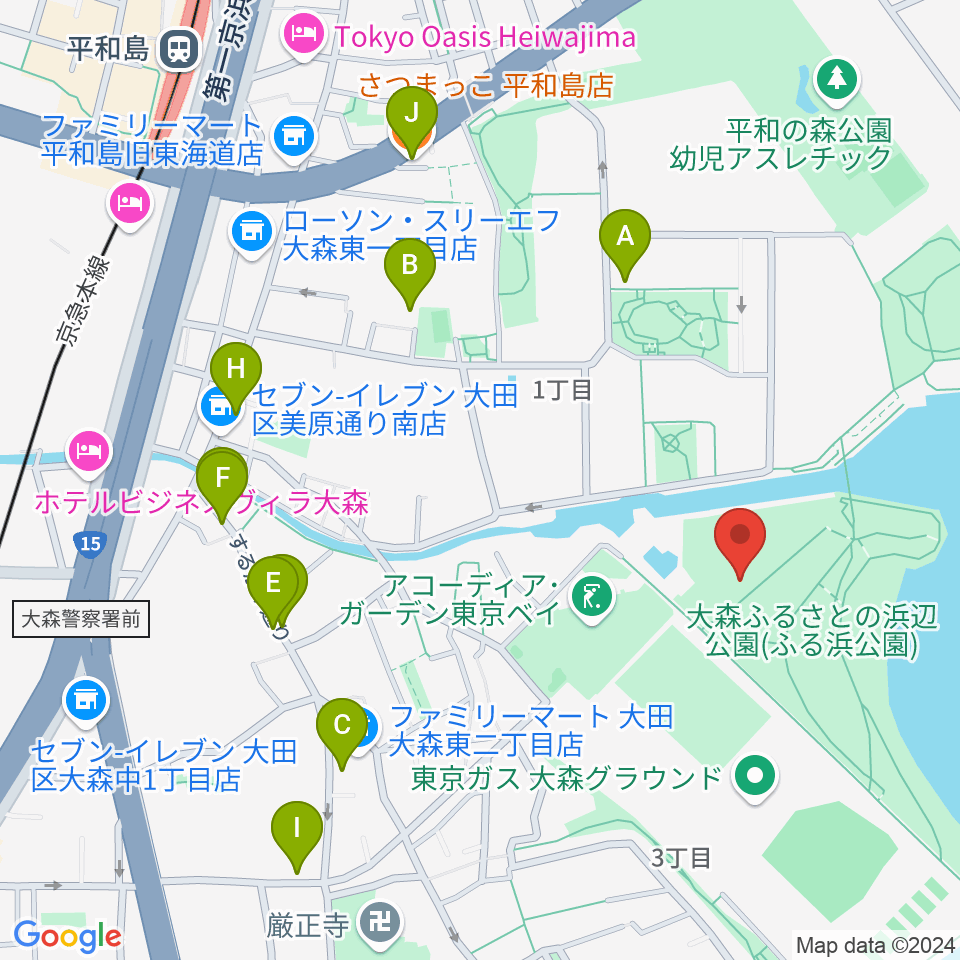 大森ふるさとの浜辺公園 多目的スポーツ場周辺のファミレス・ファーストフード一覧地図