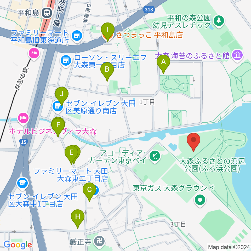 大森ふるさとの浜辺公園 多目的スポーツ場周辺のファミレス・ファーストフード一覧地図