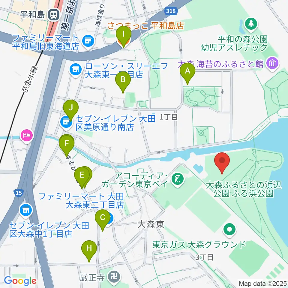 大森ふるさとの浜辺公園 多目的スポーツ場周辺のファミレス・ファーストフード一覧地図