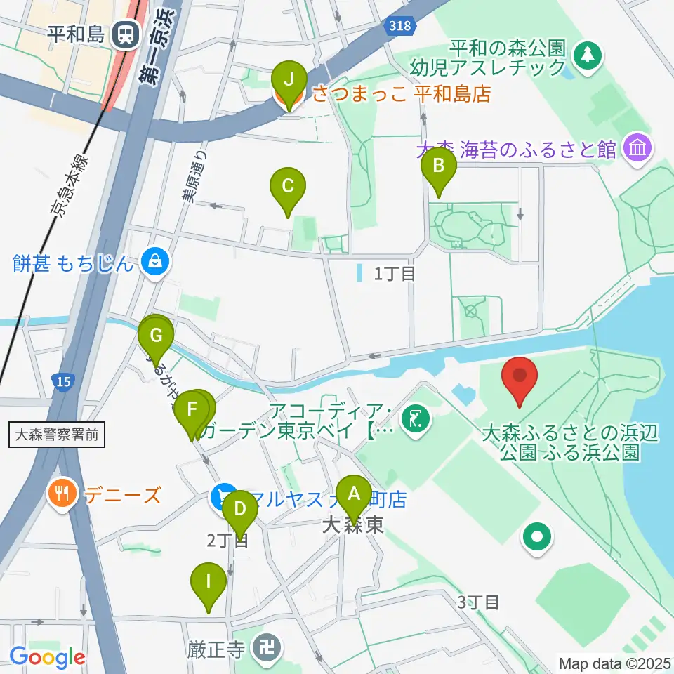 大森ふるさとの浜辺公園 多目的スポーツ場周辺のファミレス・ファーストフード一覧地図