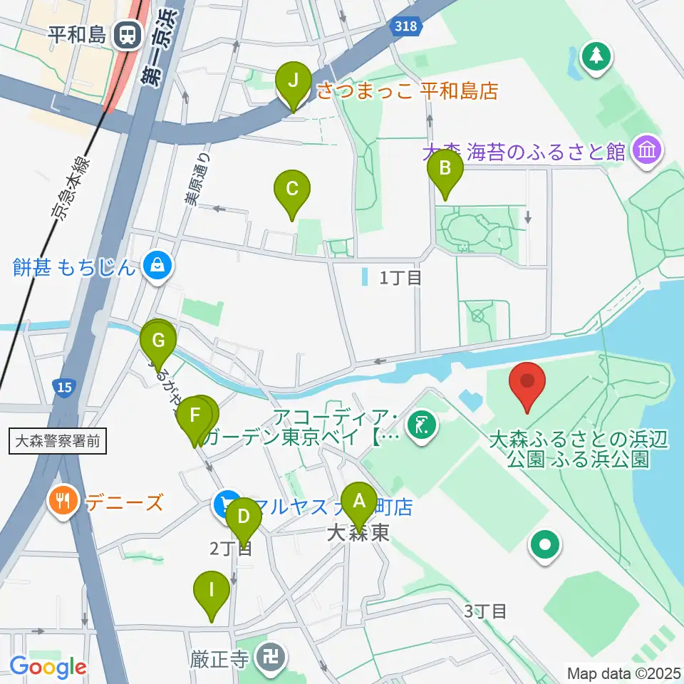 大森ふるさとの浜辺公園 多目的スポーツ場周辺のファミレス・ファーストフード一覧地図