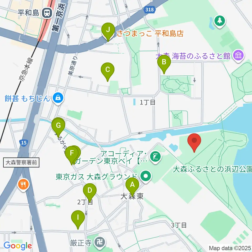 大森ふるさとの浜辺公園 多目的スポーツ場周辺のファミレス・ファーストフード一覧地図