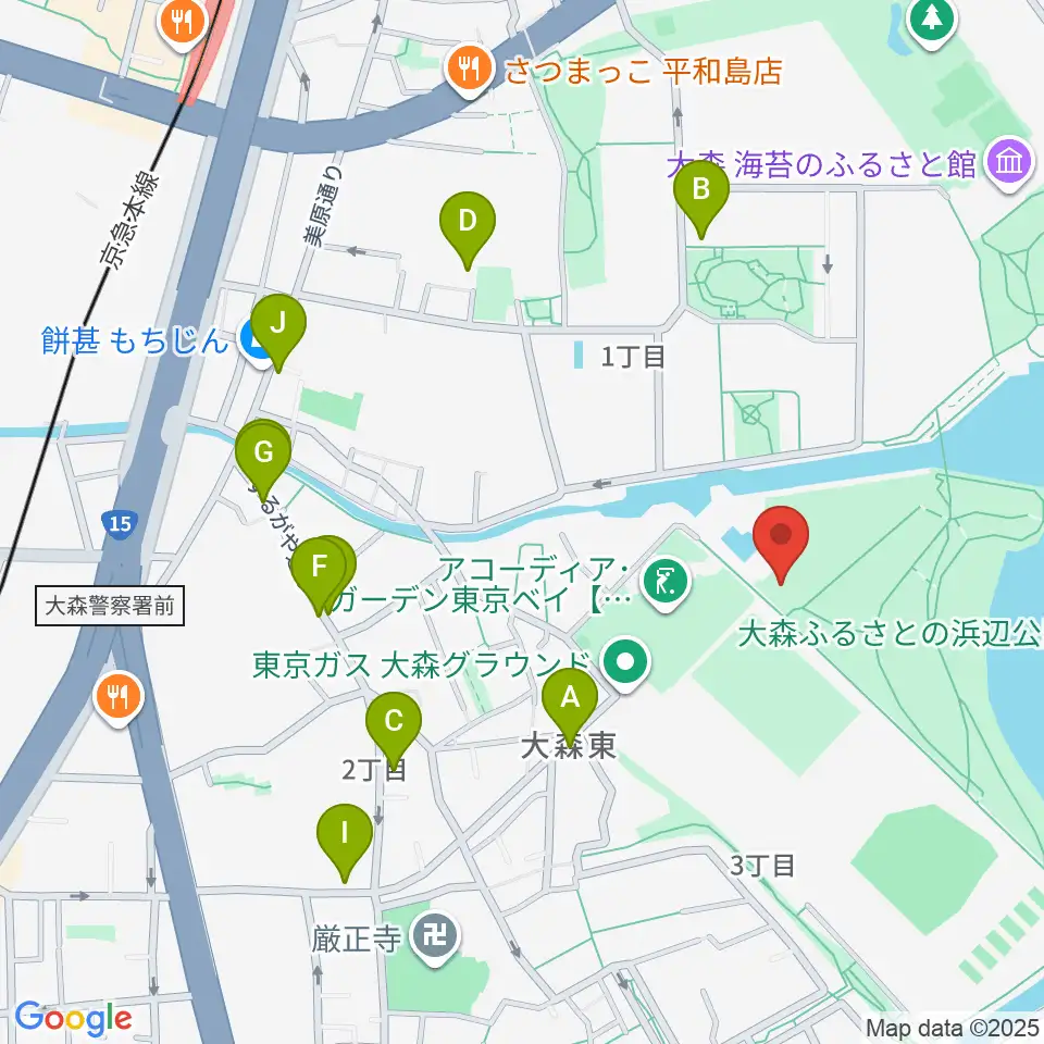 大森ふるさとの浜辺公園フットサル場周辺のファミレス・ファーストフード一覧地図