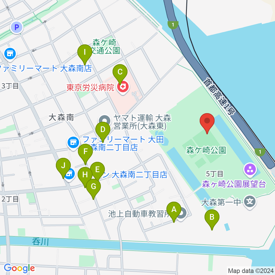 森ケ崎公園サッカー場周辺のファミレス・ファーストフード一覧地図