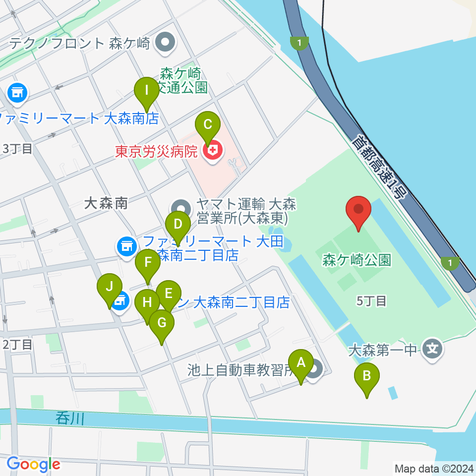 森ケ崎公園サッカー場周辺のファミレス・ファーストフード一覧地図