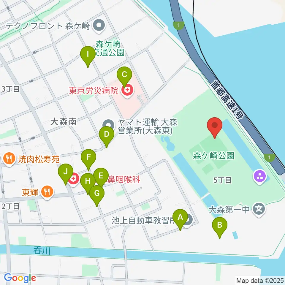 森ケ崎公園サッカー場周辺のファミレス・ファーストフード一覧地図
