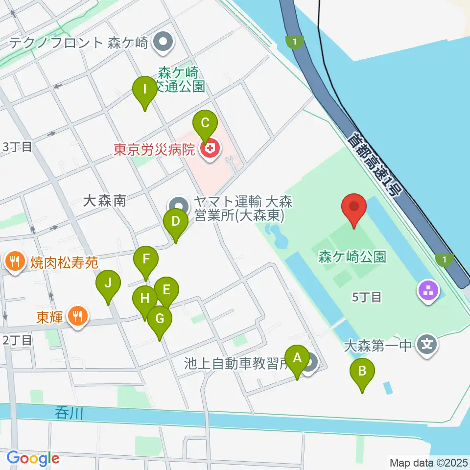 森ケ崎公園サッカー場周辺のファミレス・ファーストフード一覧地図