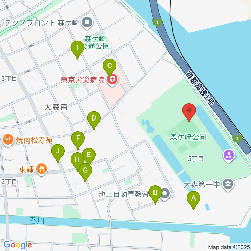 森ケ崎公園サッカー場周辺のファミレス・ファーストフード一覧地図