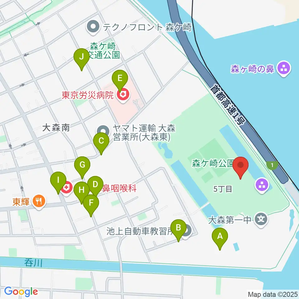 森ケ崎公園フットサル場周辺のファミレス・ファーストフード一覧地図