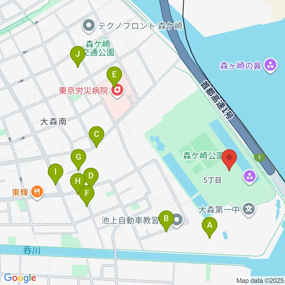 森ケ崎公園フットサル場周辺のファミレス・ファーストフード一覧地図