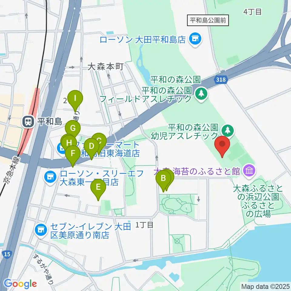 平和の森公園 弓道場･アーチェリー場周辺のファミレス・ファーストフード一覧地図