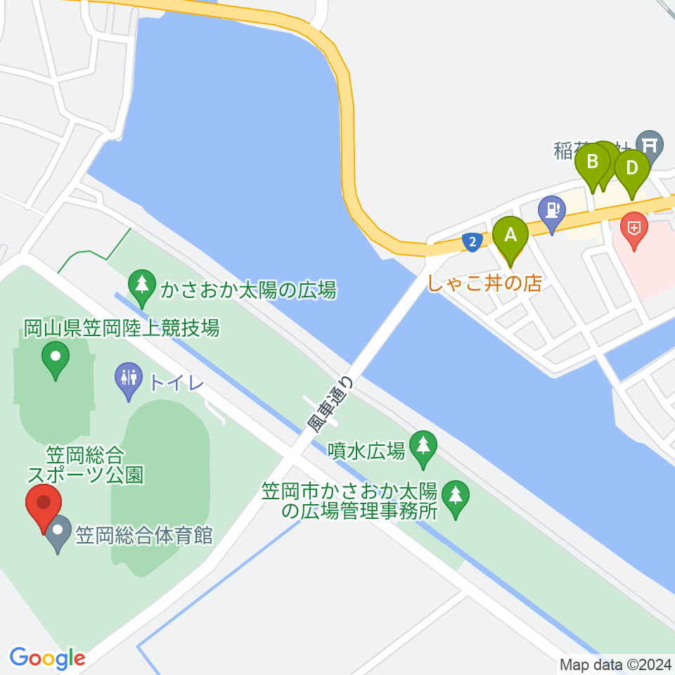 笠岡総合体育館周辺のファミレス・ファーストフード一覧地図