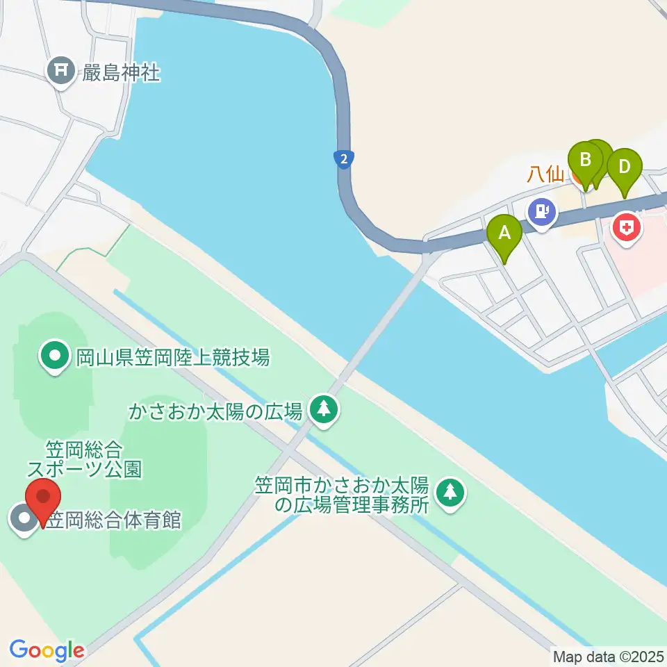 笠岡総合体育館周辺のファミレス・ファーストフード一覧地図