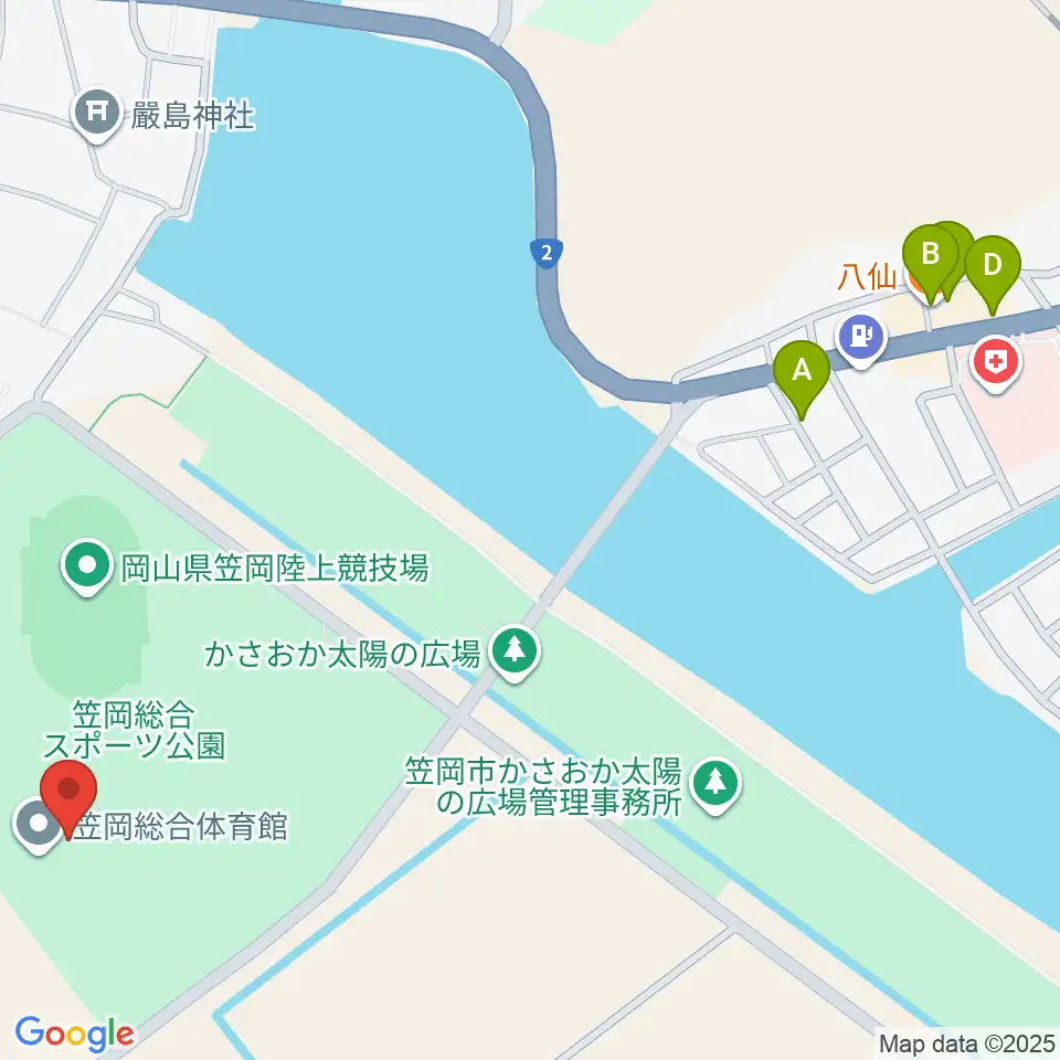 笠岡総合体育館周辺のファミレス・ファーストフード一覧地図