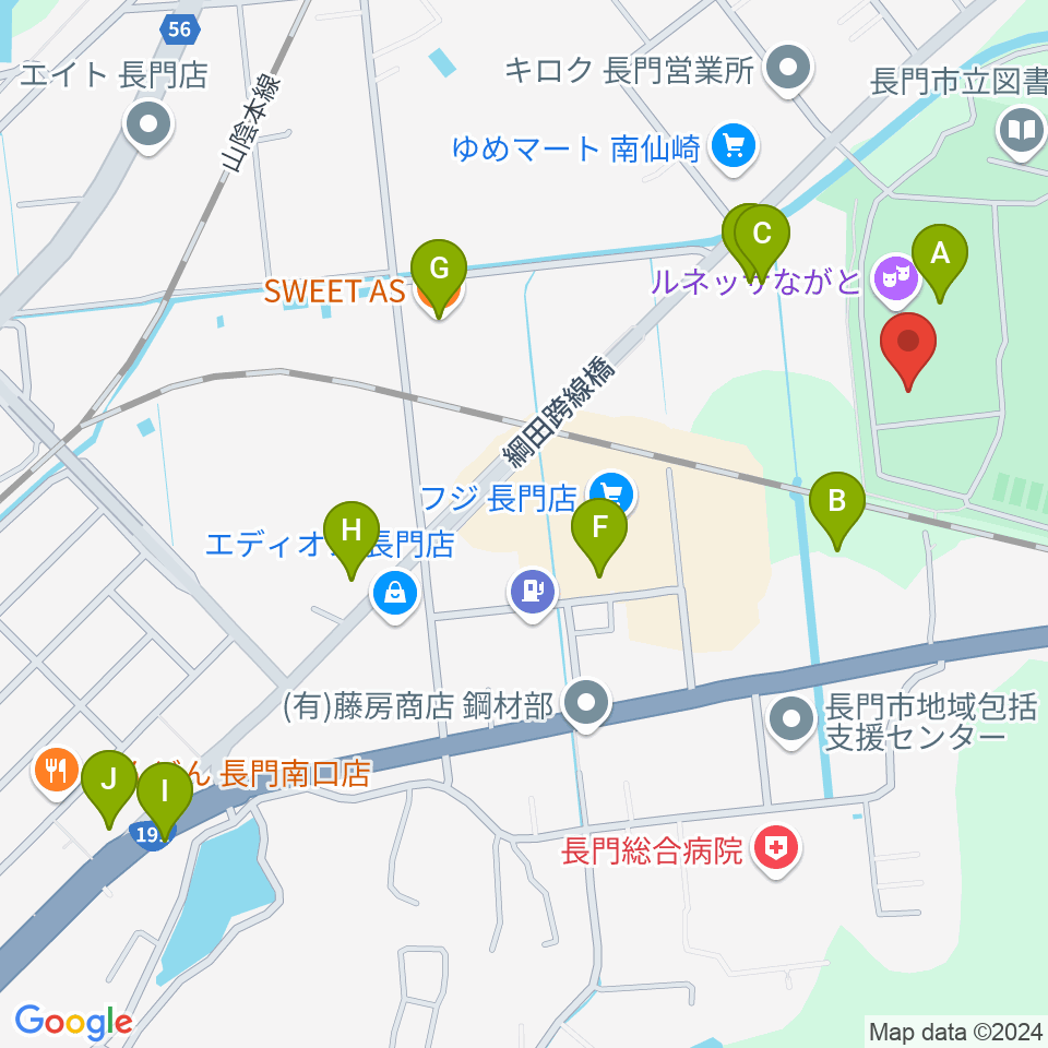 ながと総合体育館周辺のファミレス・ファーストフード一覧地図