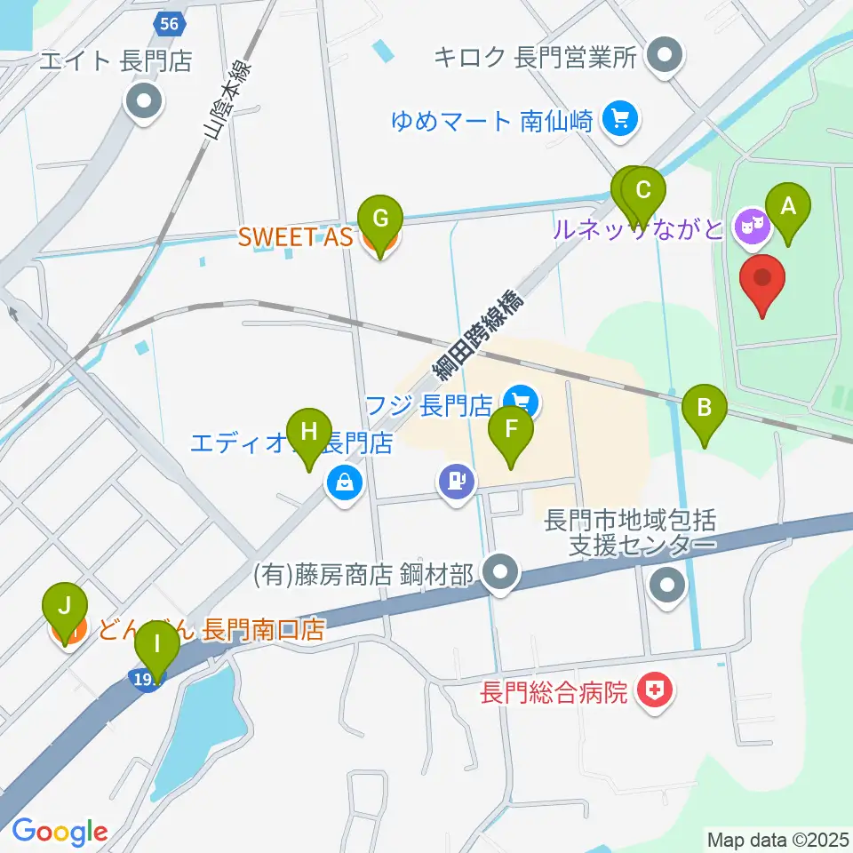 ながと総合体育館周辺のファミレス・ファーストフード一覧地図