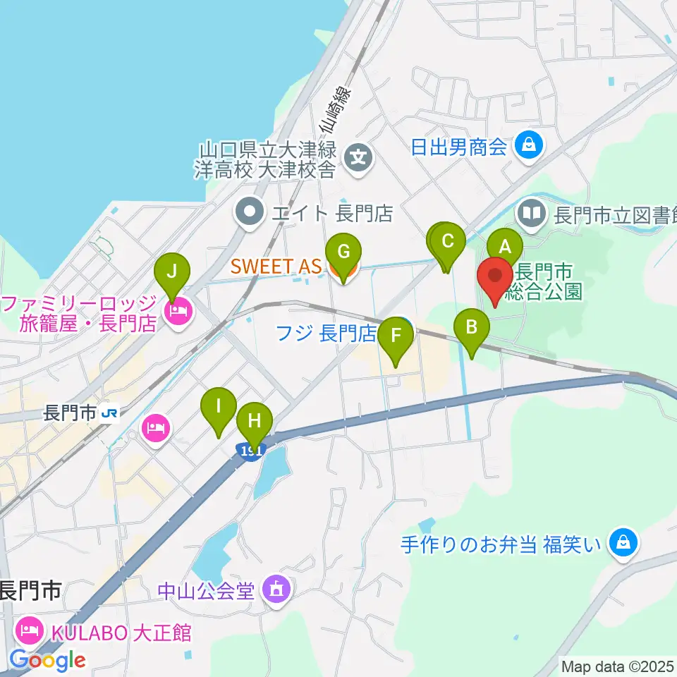 ながと総合体育館周辺のファミレス・ファーストフード一覧地図