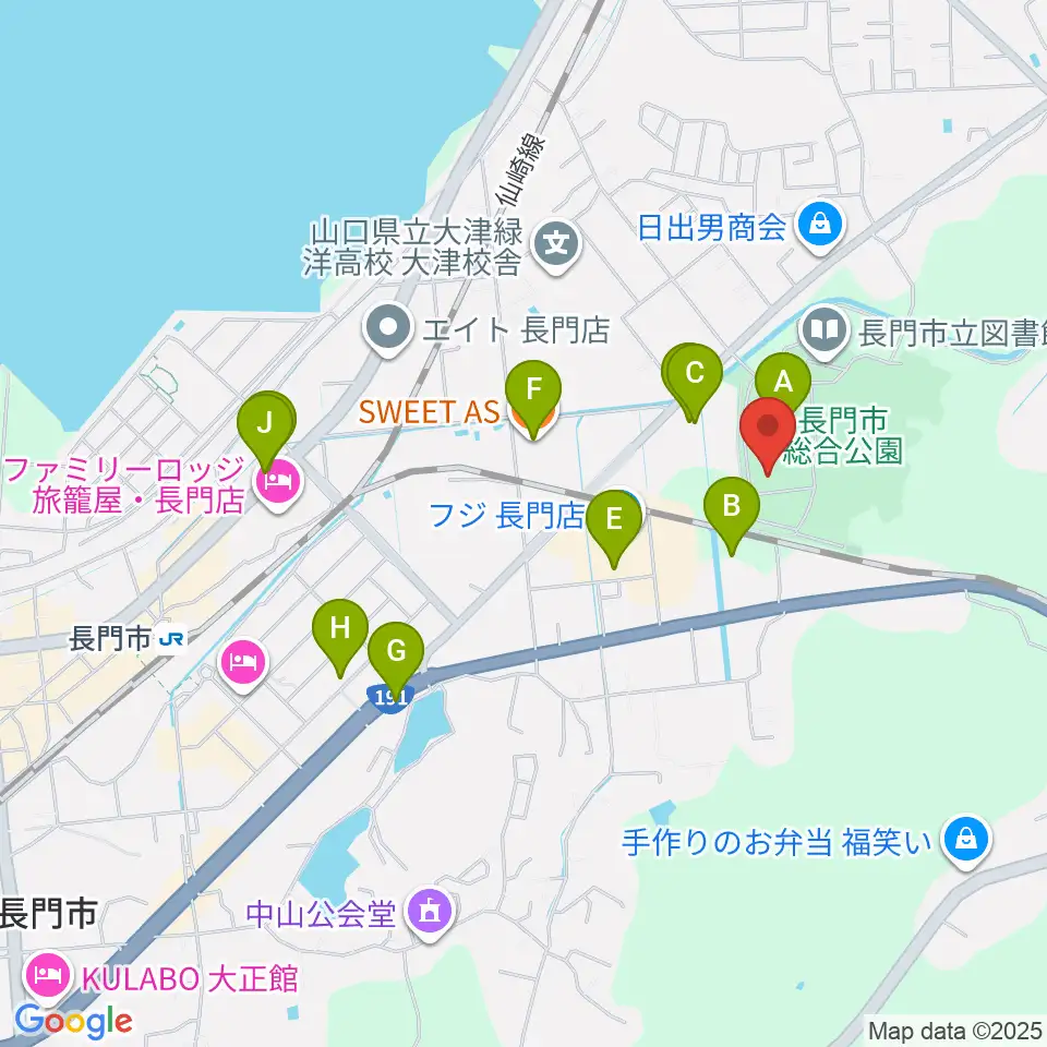 ながと総合体育館周辺のファミレス・ファーストフード一覧地図