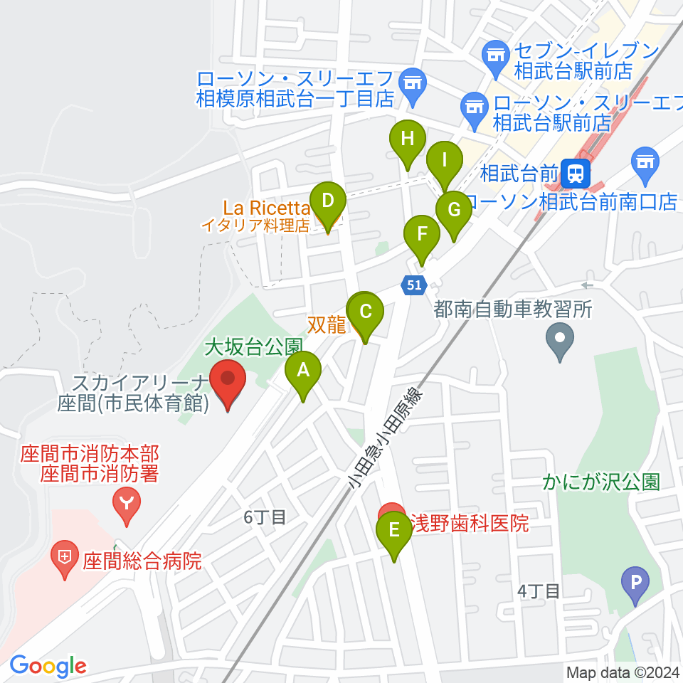 スカイアリーナ座間周辺のファミレス・ファーストフード一覧地図