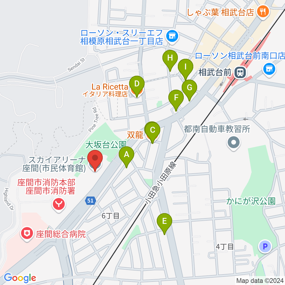 スカイアリーナ座間周辺のファミレス・ファーストフード一覧地図