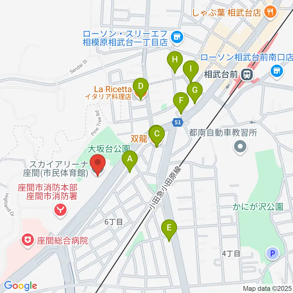 スカイアリーナ座間周辺のファミレス・ファーストフード一覧地図