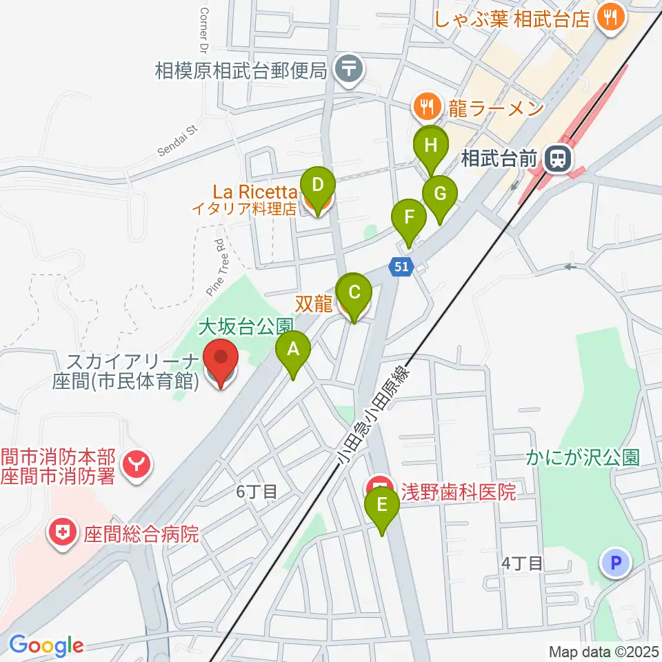 スカイアリーナ座間周辺のファミレス・ファーストフード一覧地図