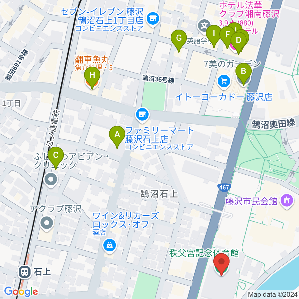 秩父宮記念体育館周辺のファミレス・ファーストフード一覧地図