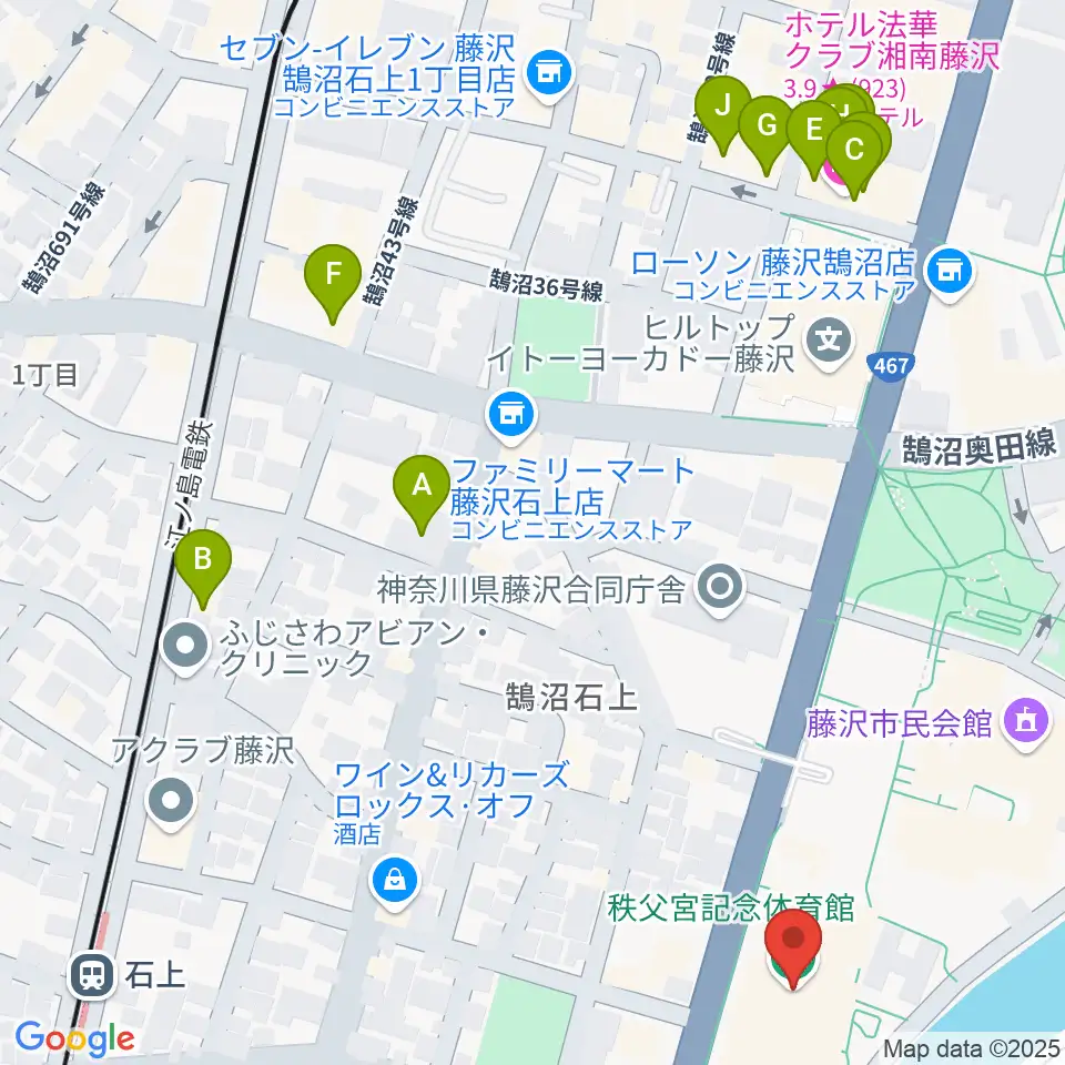 秩父宮記念体育館周辺のファミレス・ファーストフード一覧地図