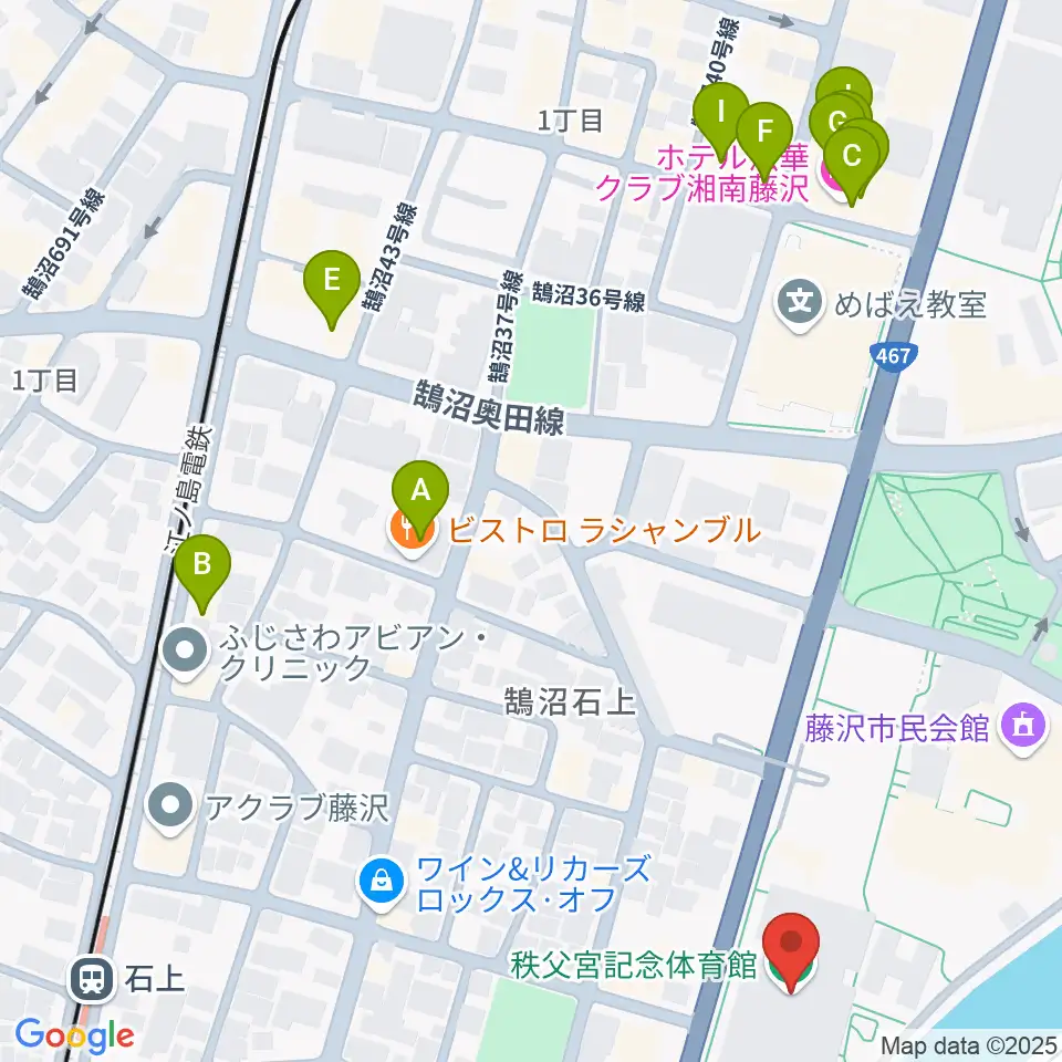 秩父宮記念体育館周辺のファミレス・ファーストフード一覧地図