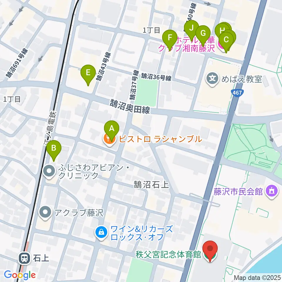 秩父宮記念体育館周辺のファミレス・ファーストフード一覧地図