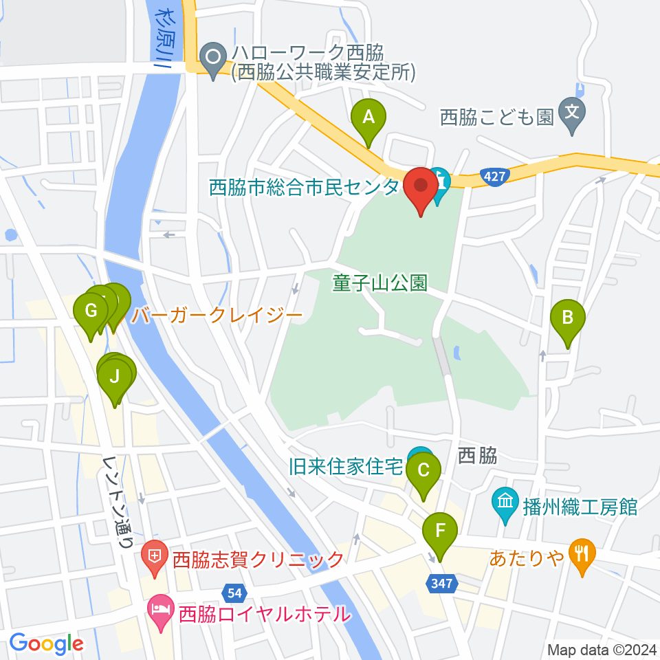 西脇市総合市民センター周辺のファミレス・ファーストフード一覧地図