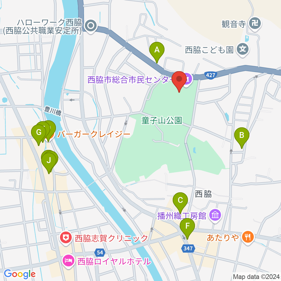 西脇市総合市民センター周辺のファミレス・ファーストフード一覧地図