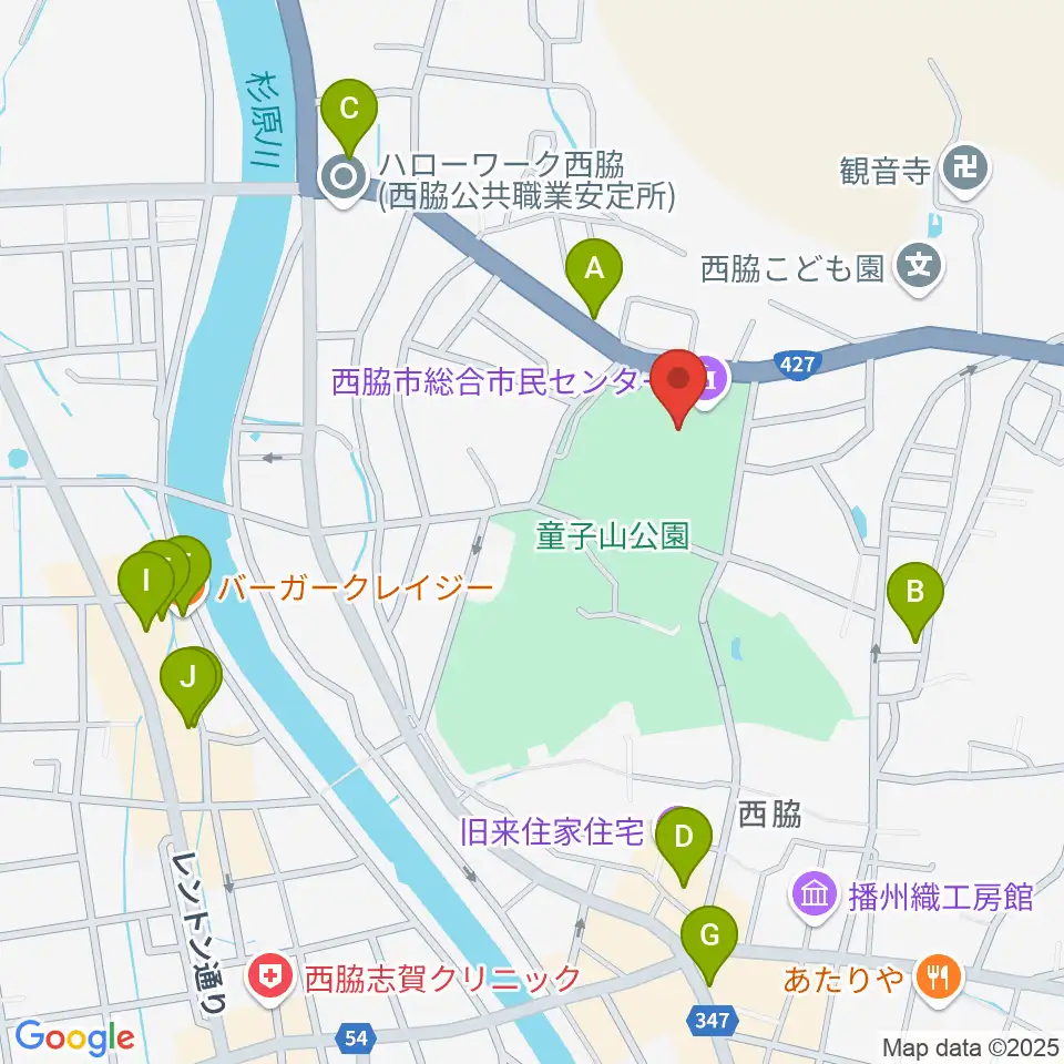 西脇市総合市民センター周辺のファミレス・ファーストフード一覧地図