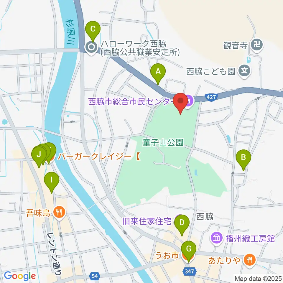 西脇市総合市民センター周辺のファミレス・ファーストフード一覧地図