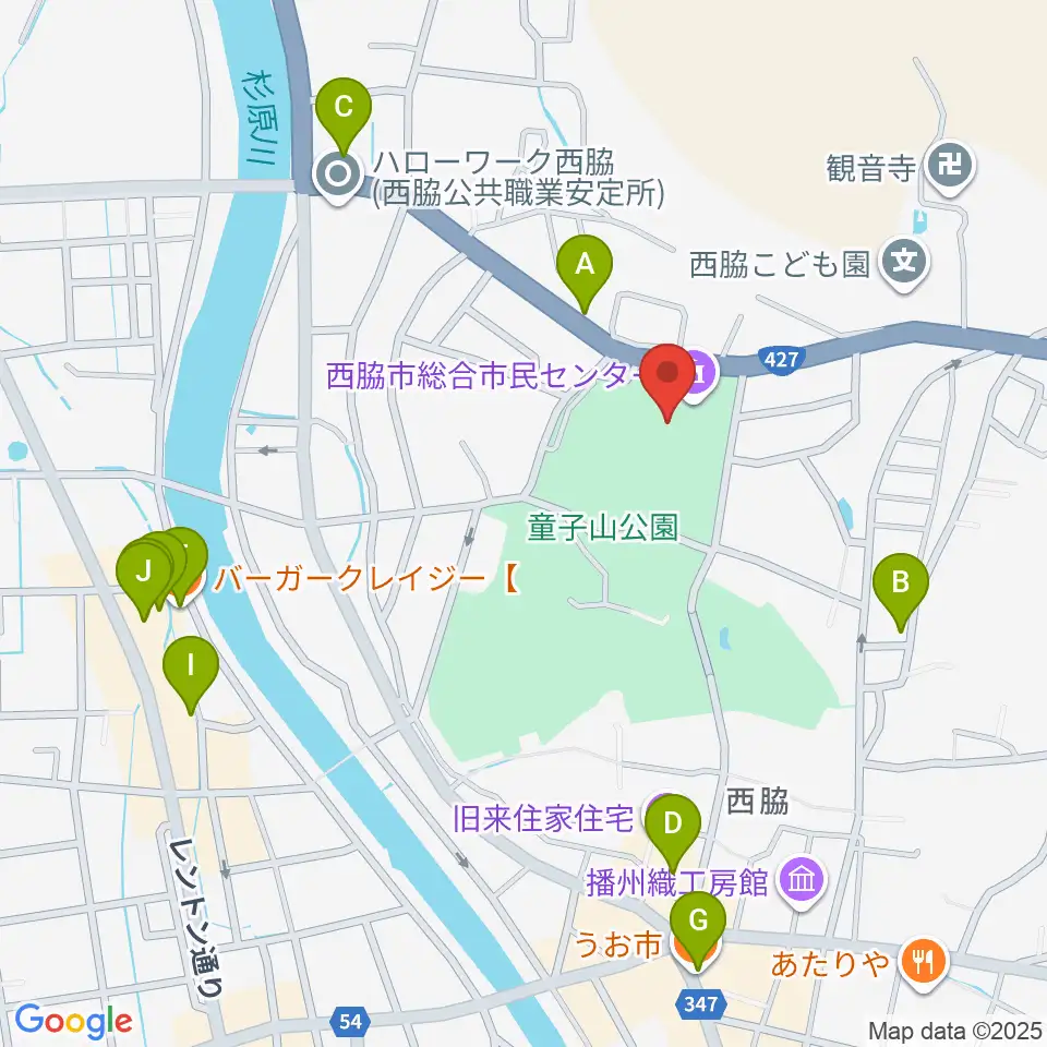 西脇市総合市民センター周辺のファミレス・ファーストフード一覧地図