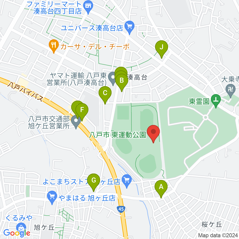 八戸市東体育館周辺のファミレス・ファーストフード一覧地図