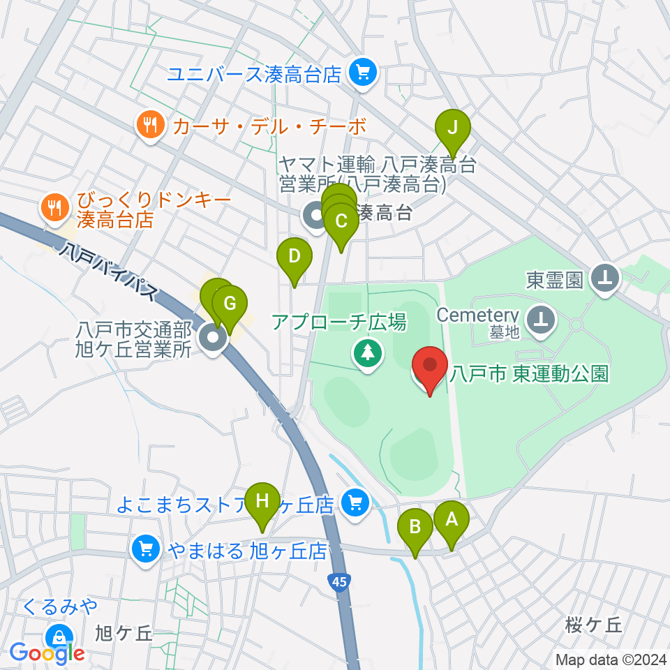 八戸市東体育館周辺のファミレス・ファーストフード一覧地図