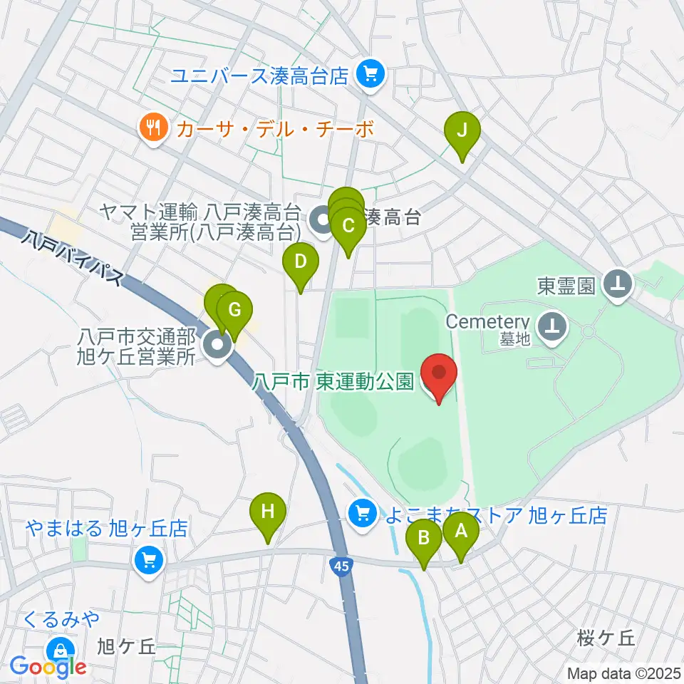 八戸市東体育館周辺のファミレス・ファーストフード一覧地図