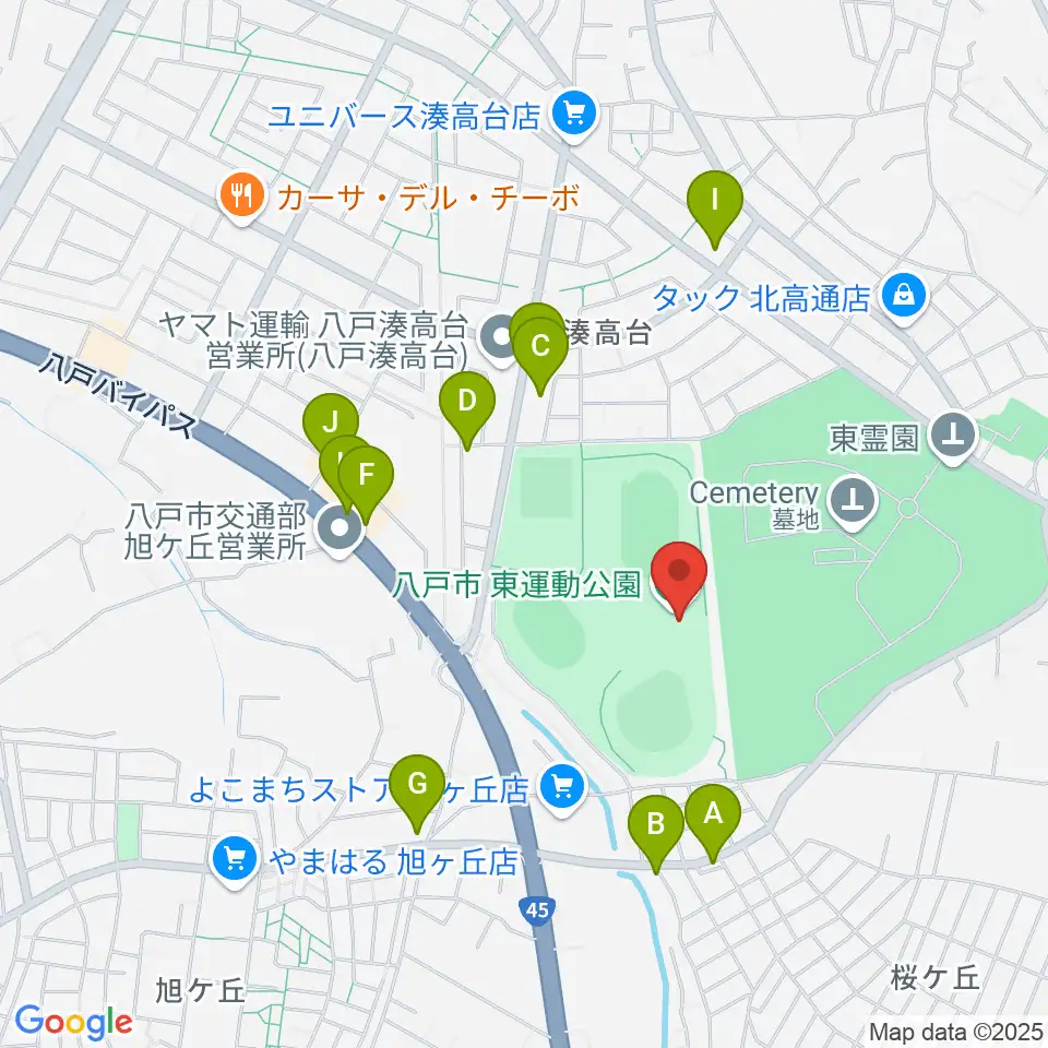 八戸市東体育館周辺のファミレス・ファーストフード一覧地図