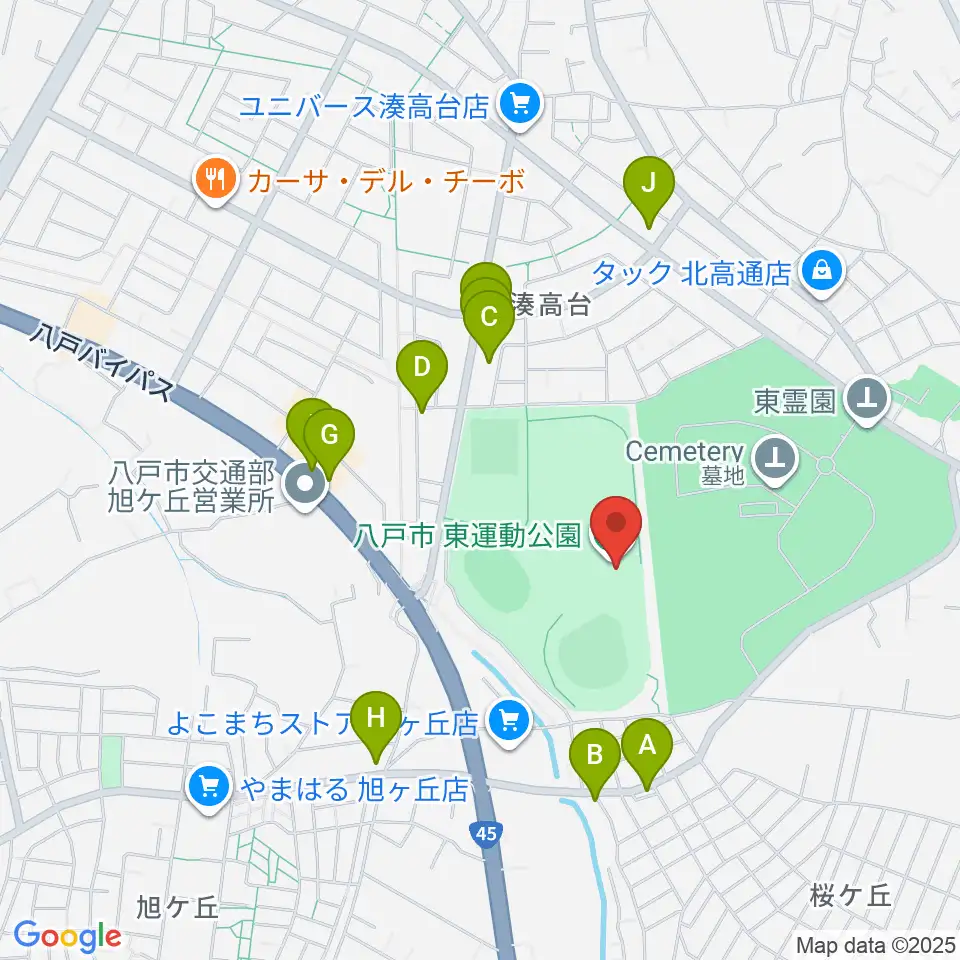 八戸市東体育館周辺のファミレス・ファーストフード一覧地図