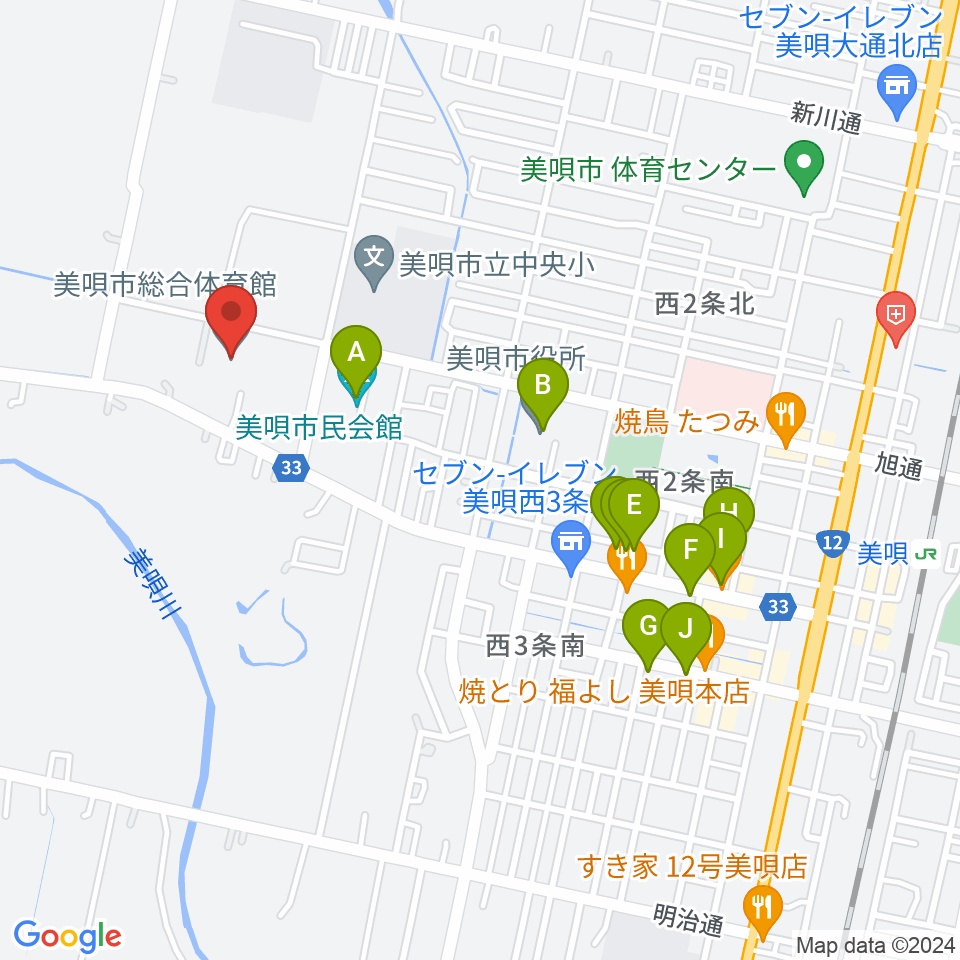 美唄市総合体育館周辺のファミレス・ファーストフード一覧地図