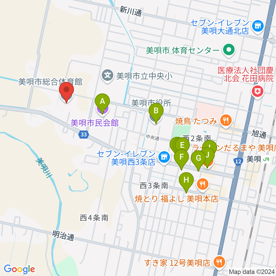 美唄市総合体育館周辺のファミレス・ファーストフード一覧地図