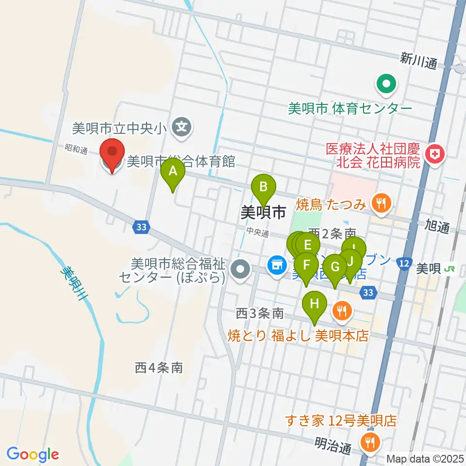 美唄市総合体育館周辺のファミレス・ファーストフード一覧地図