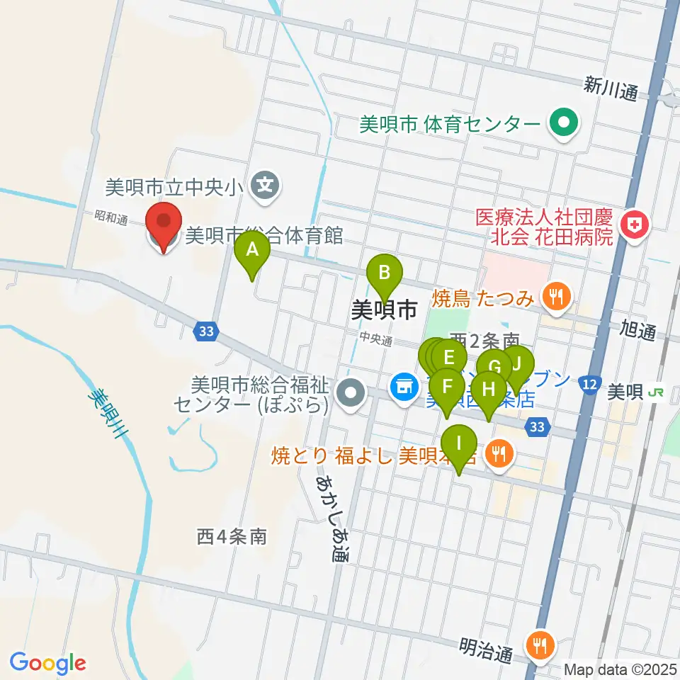 美唄市総合体育館周辺のファミレス・ファーストフード一覧地図