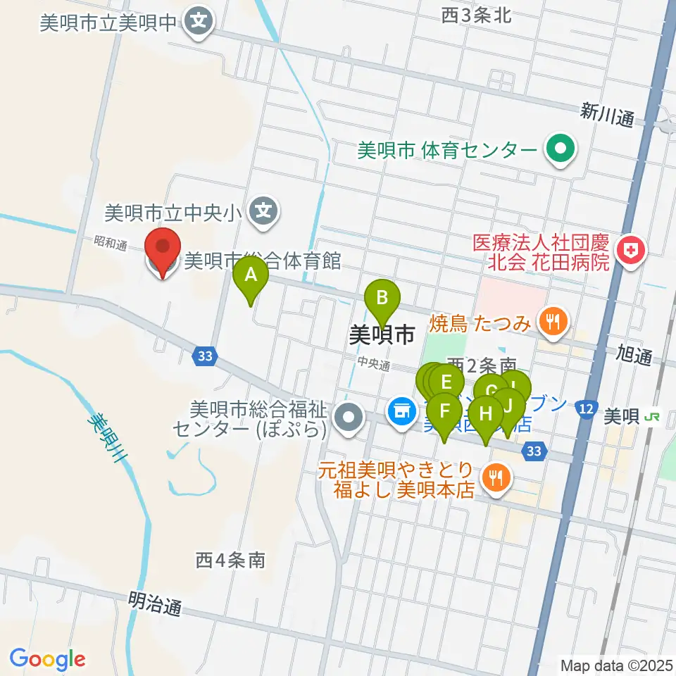 美唄市総合体育館周辺のファミレス・ファーストフード一覧地図