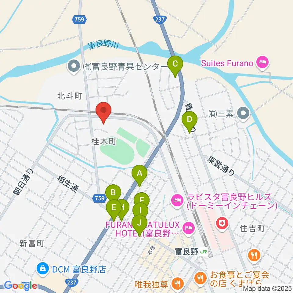 富良野スポーツセンター周辺のファミレス・ファーストフード一覧地図