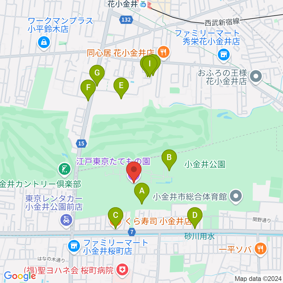 江戸東京たてもの園周辺のファミレス・ファーストフード一覧地図